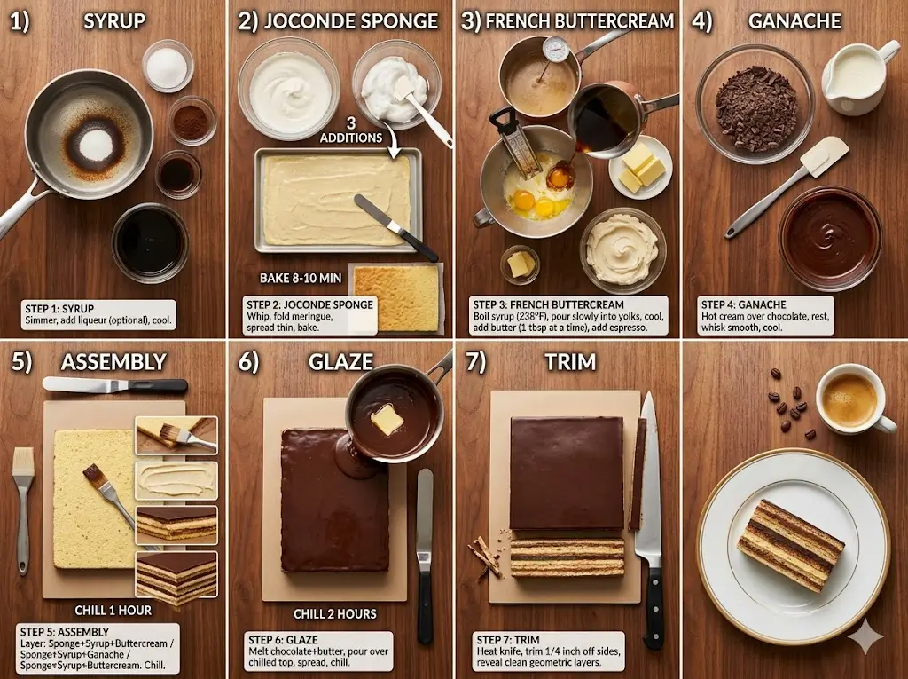 4:3 ratio, top-down flat lay, wooden table, warm elegant light. 7 steps Opera cake (4 top + 3 bottom):
1) Syrup: simmer water+sugar+espresso → add liqueur (optional) → cool.
2) Joconde sponge: whip whole eggs+almond flour+sugar+flour → fold meringue (3 additions) + butter → spread thin → bake 8-10 min.
3) French buttercream: boil sugar+water to 238°F → whip egg yolks → pour syrup slowly → cool → add butter 1 tbsp at a time → whip in espresso.
4) Ganache: pour hot cream over chocolate → rest 2 min → whisk to smooth → cool to spreadable.
5) Assembly: 3 layers — sponge+syrup+buttercream / sponge+syrup+ganache / sponge+syrup+buttercream — chill 1 hour.
6) Glaze: melt chocolate+butter → pour over chilled top → spread → chill 2 hours.
7) Trim: heat knife → trim ¼ inch off each side → reveal clean geometric layers. Styled with cake slice, espresso. Photorealistic, elegant, educational, no people.