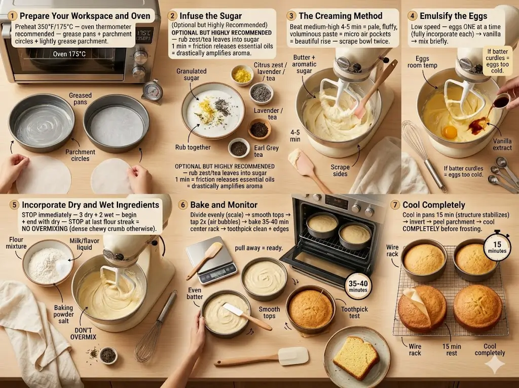 A warm, softly lit top-down flat lay showing the 7 key stages of making a classic homemade butter cake with optional flavor infusion techniques, arranged on a large light wooden kitchen table. 4:3 aspect ratio. Photorealistic style, warm golden hour lighting, shallow depth of field. The mood is educational, precise, and satisfying — like a step-by-step visual guide for a versatile, aromatic cake base. No people. Clean, organized, magazine-style food photography, tones of cream, gold, and warm wood.

The scene is divided into 7 distinct zones, organized left to right (two rows: 4 zones on top, 3 zones on bottom).

Step 1 (top-left): Prepare Your Workspace and Oven — an oven preheating to 350°F / 175°C visible (temperature dial or digital display, oven thermometer nearby), two round cake pans (8 or 9-inch) greased with butter or baking spray, parchment paper circles being placed in the bottom of each pan, lightly greasing the parchment paper. A note: Preheat 350°F/175°C — oven thermometer recommended — grease pans + parchment circles + lightly grease parchment. Labels: Oven 175°C, Greased pans, Parchment circles.

Step 2 (top-center-left): Infuse the Sugar (Optional but Highly Recommended) — a bowl of granulated sugar, hands (or fingers) rubbing citrus zest, culinary lavender, or finely ground tea leaves directly into the sugar, a small bowl of lemon zest, lavender, or Earl Grey/Matcha tea beside it. A note: OPTIONAL BUT HIGHLY RECOMMENDED — rub zest/tea leaves into sugar 1 min = friction releases essential oils = drastically amplifies aroma. Labels: Granulated sugar, Citrus zest / lavender / tea, Rub together.

Step 3 (top-center-right): The Creaming Method — a stand mixer bowl with paddle attachment, softened unsalted butter and aromatic sugar being beaten on medium-high speed, the mixture is pale, fluffy, and voluminous (4-5 minutes), a rubber spatula scraping down the sides of the bowl (shown twice). A note: Beat medium-high 4-5 min = pale, fluffy, voluminous paste = micro air pockets = beautiful rise — scrape bowl twice. Labels: Butter + aromatic sugar, 4-5 min, Scrape sides.

Step 4 (top-right): Emulsify the Eggs — mixer speed reduced to low, room-temperature eggs being added ONE AT A TIME (each incorporated before next), a small note about curdling: If batter curdles = eggs too cold, vanilla extract being added. A note: Low speed — eggs ONE at a time (fully incorporate each) → vanilla → mix briefly. Labels: Eggs room temp, Vanilla extract.

Step 5 (bottom-left): Incorporate Dry and Wet Ingredients — a separate bowl with whisked sifted flour, baking powder, and salt, mixer on LOWEST setting — dry added in three additions, alternating with milk (or flavor-infused liquid) in two additions, the batter showing the last streak of flour about to disappear (stop mixing). A note: STOP immediately — 3 dry + 2 wet — begin + end with dry — STOP at last flour streak = NO OVERMIXING (dense chewy crumb otherwise). Labels: Flour mixture, Milk/flavor liquid, DON'T OVERMIX.

Step 6 (bottom-center): Bake and Monitor — digital kitchen scale visible — batter divided evenly between two pans, a spatula smoothing the tops, pans being tapped gently on the counter (air bubbles releasing), oven with pans inside on center rack, a timer showing 35-40 minutes, a toothpick inserted into a baked layer coming out clean (with a few moist crumbs), edges pulling away from the pan visible. A note: Divide evenly (scale) → smooth tops → tap 2x (air bubbles) → bake 35-40 min center rack → toothpick clean + edges pull away = ready. Labels: Even batter, Smooth tops, Toothpick test.

Step 7 (bottom-right): Cool Completely — pans removed from oven, placed directly on a wire cooling rack, a timer showing 15 minutes (cool in pans), cakes carefully inverted onto the wire rack, parchment paper being peeled off, cakes cooling completely to room temperature (unfrosted, golden-brown). A note: Cool in pans 15 min (structure stabilizes) → invert → peel parchment → cool COMPLETELY before frosting. Labels: Wire rack, 15 min rest, Cool completely.

Additional details: arrows or thin lines connecting each step, small numbers 1 through 7 identifying each zone, a finished butter cake slice on a small plate nearby (golden-brown crust, tender crumb), small bowls representing flavor mix-ins (lemon zest, espresso powder, lavender, tea leaves), a whisk, a rubber spatula, and measuring spoons scattered naturally, a clean linen kitchen towel (cream or beige), warm golden light, soft shadows, everything sharp and readable, modern educational infographic style, cozy and satisfying.

Aspect ratio: 4:3

