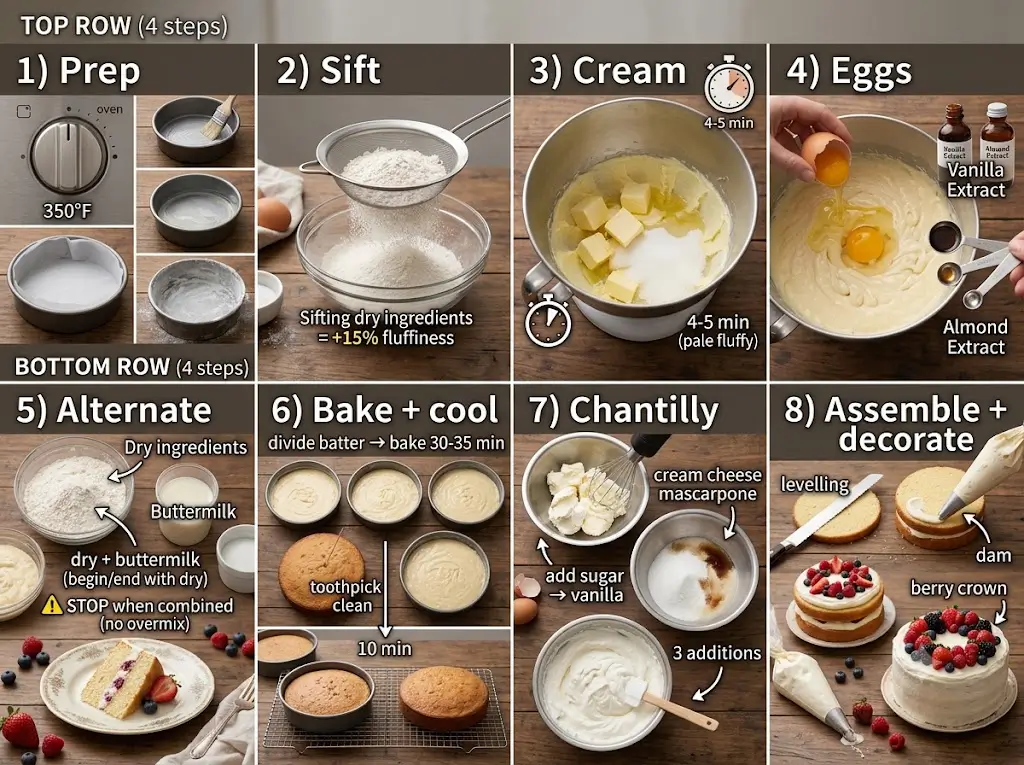 4:3 flat lay, wooden table, soft natural light. 8 steps berry chantilly cake (4 top + 4 bottom):
1) Prep: preheat 350°F — grease 3 pans + parchment + flour sides.
2) Sift: sift dry (flour + leaveners + salt) = +15% fluffiness.
3) Cream: beat butter + oil + sugar 4-5 min (pale fluffy).
4) Eggs: eggs one by one + vanilla + almond extracts.
5) Alternate: dry + buttermilk (begin/end with dry) — ⚠️ STOP when combined (no overmix).
6) Bake + cool: divide batter → bake 30-35 min → toothpick clean → cool 10 min pans → wire rack.
7) Chantilly: beat cream cheese + mascarpone → add sugar+vanilla → whip cream stiff → fold in (3 additions).
8) Assemble + decorate: level cakes → pipe dam + cream+berries → frost → berry crown. Styled with cake slice, berries, piping bag. Photorealistic, elegant, educational, no people.
Aspect ratio: 4:3